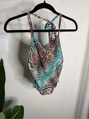SHEIN Teal Brown Animal Print Crop Top